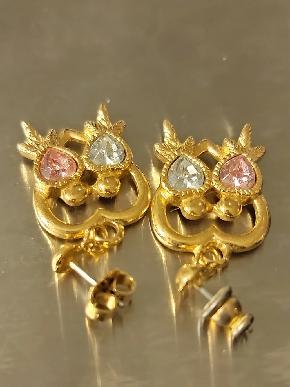 Gold Heart Dangle Earrings with Pink and Clear Stones - Women Jewelry